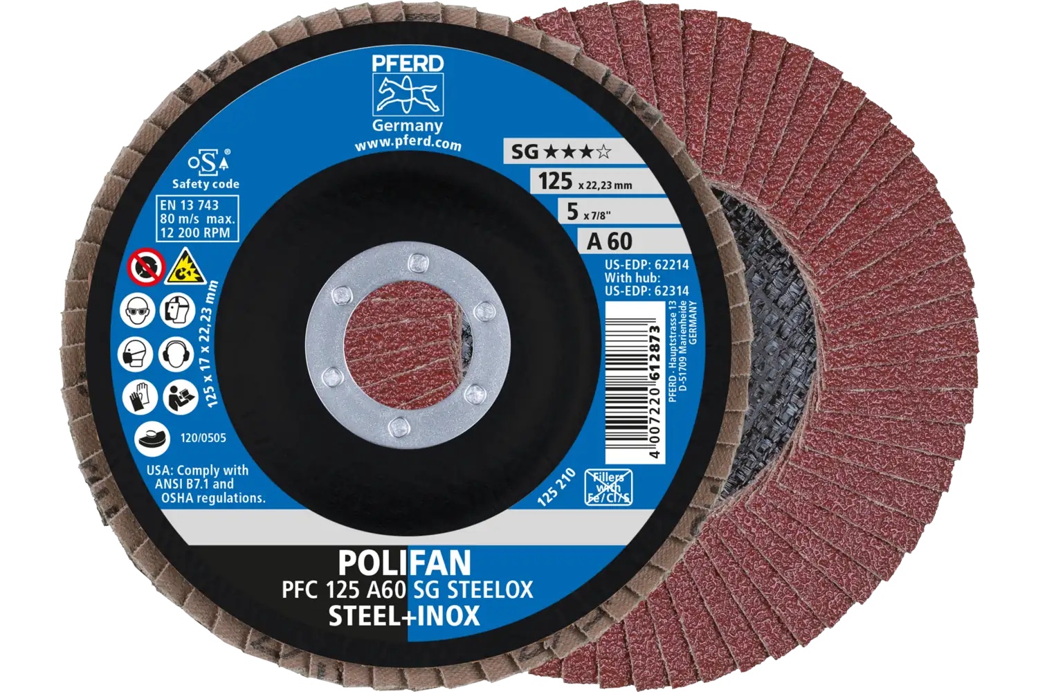 Picture of Pferd Flap Disc, 5" x 7/8, A SG Steelox, 60 Grit, T29, Conical, Aluminum oxide